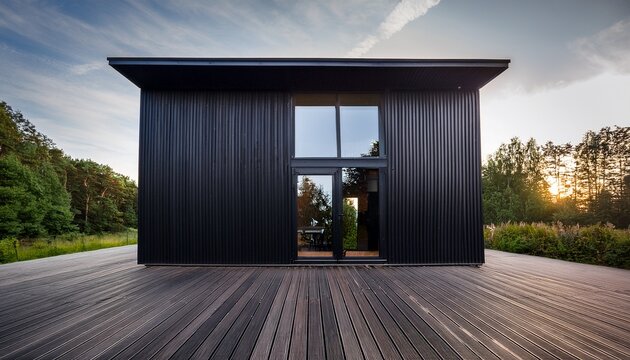 a small black building with a wooden deck and a large window