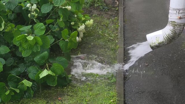 Water flows from a drainpipe during a heavy summer rain. A summer rainstorm in the city