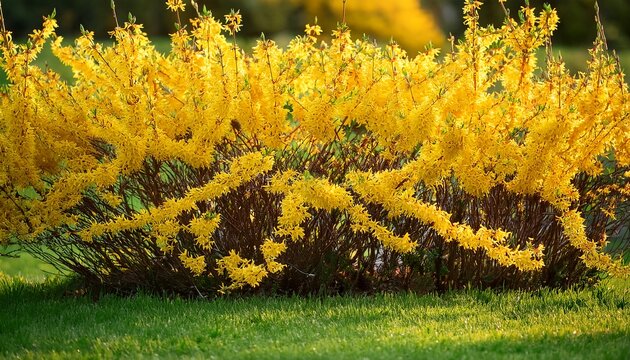 yellow flowers background forsythia flowers in front of with green grass and dark green bushes golden bell border forsythia forsythia x intermedia europaea blooming in spring garden bush