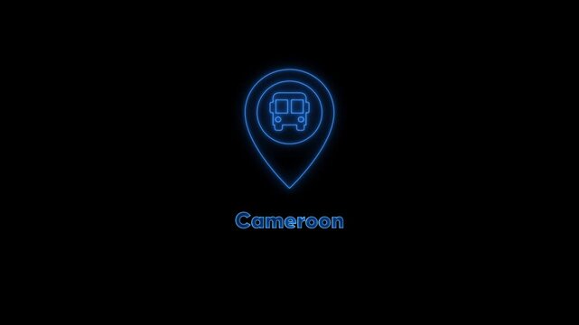 Neon cameroon travel map pin animation: bus transportation and flight route concept