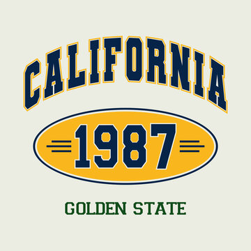 Vintage California varsity athletic typography design with text Golden State and year 1987 in a retro oval badge style.