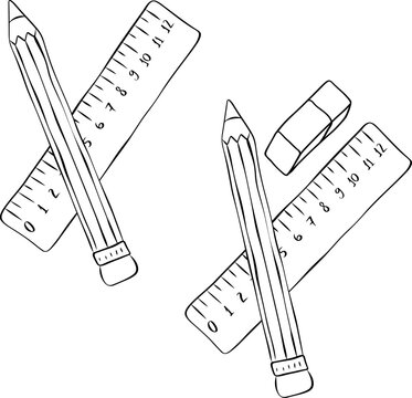 Pencil, ruller and eraser School composition Black and white hand drawn illustration. Vector graphic line ink art. Organizer office and school supplies. social media, party or sale