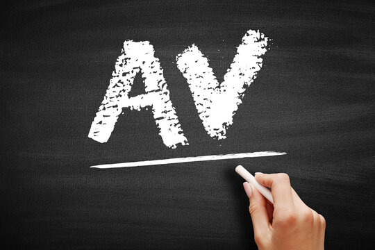 AV Audiovisual acronym on chalkboard. Refers to technology and equipment involving both sound and visual components, used in presentations, meetings, and broadcasting