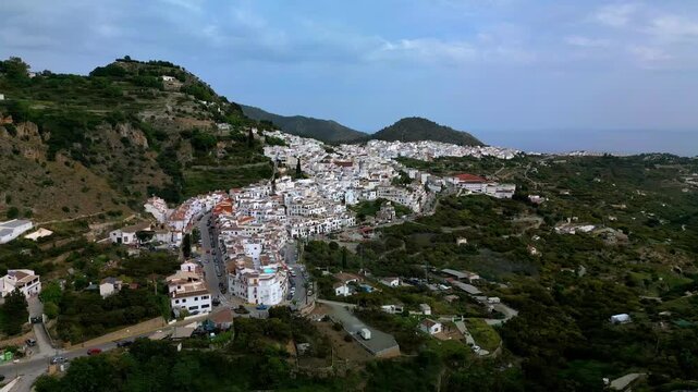 Aerial view of Frigiliana a picturesque white town on the Costa del Sol located in the Sierra de Almijara mountains in southern Spain