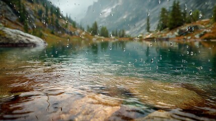 Naklejka premium A rain-streaked, close-up view of a vibrant blue mountain lake, surrounded by trees and rocks, with mountains in the background