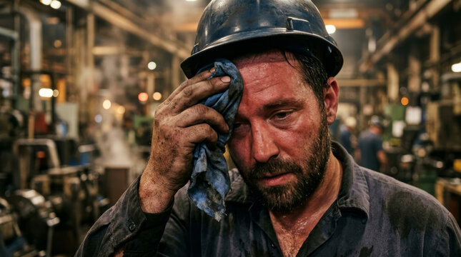 Tired industrial worker wiping sweat from his forehead with a cloth. Close up portrait of an exhausted man in a hard hat at a factory