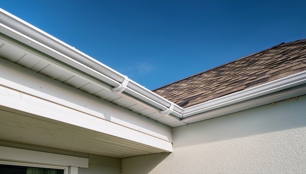 close up of freshly installed white upvc soffit boards below facia along the roofline of a house demonstrating a clean and modern exterior home renovation