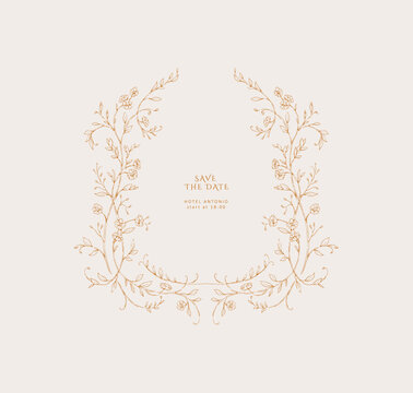 Floral whimsical rococo frame. Vintage flowers and botanical calligraphy for packaging, wedding greeting card