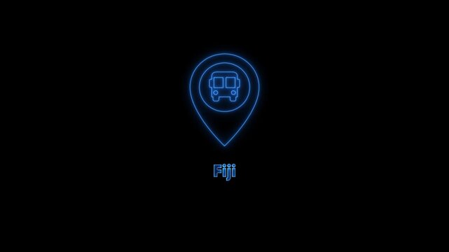 Neon fiji travel map pin with bus animation for tourism and transportation concepts