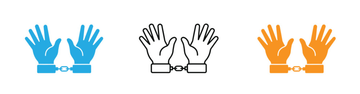 Handcuffed hands icon in blue orange and black on white background for business or law concept vector illustration .