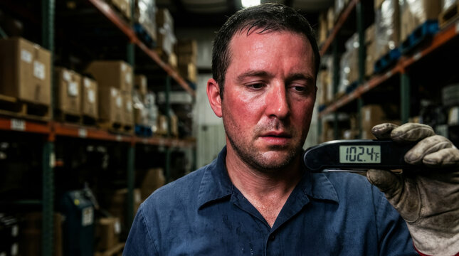 Sweaty warehouse worker holding thermometer with high temperature. Overheated man with flushed face suffering from heat stroke or fever