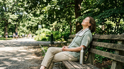 Fototapeta premium Middle aged woman resting on a wooden park bench. Female cooling down with a towel and water bottle in a green public park. Outdoor relaxation and heat relief concept