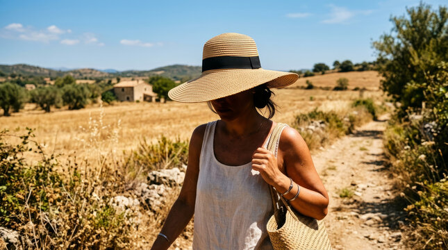 Woman in wide brim straw hat walking on sunny rural path. Female traveler in summer dress walking through dry countryside landscape