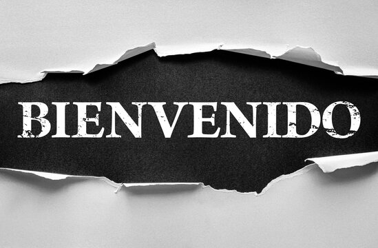 Torn paper effect revealing the Spanish word BIENVENIDO, meaning welcome, in bold distressed font. Concept of greeting, hospitality, invitation, friendly reception, and cultural expression