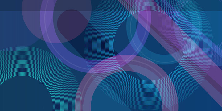 Abstract deep blue background with intersecting circles and thin ring patterns featuring subtle purple and cyan light effects.