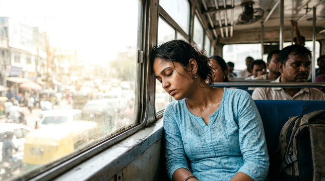 Exhausted woman leaning against a bus window on a hot day. Sweaty female passenger commuting on public transit in a busy city