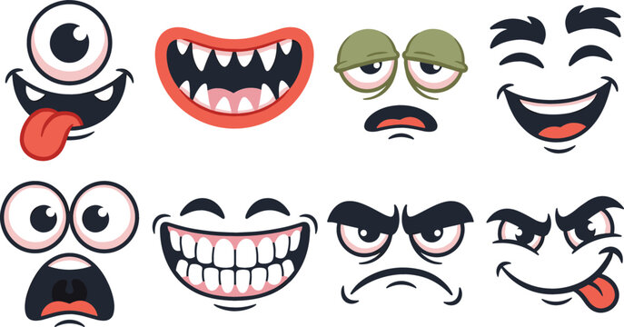 Funny cartoon monster faces collection set with creative expressions crazy eyes smiling mouth sharp teeth and tongue vector illustration elements isolated on white background