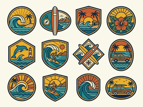 Vintage Surf and Beach Adventure Badge Collection - Retro Tropical Summer Emblems with Waves, Surfboards, and Palm Trees