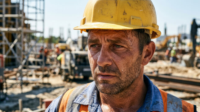 Close up portrait of a sweating male construction worker in a yellow hard hat. Tired manual laborer at a busy building site on a hot day