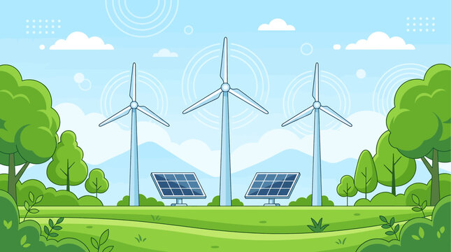 Flat Vector Landscape Illustration with Wind Turbines and Solar Panels for Green Energy Concept