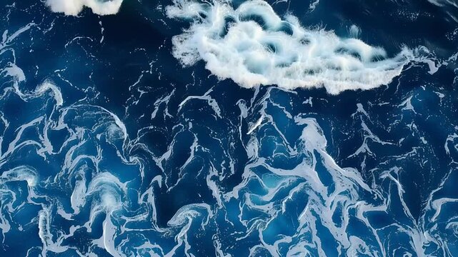 Abstract blue ocean waves with white sea foam creating dynamic natural water texture background from above