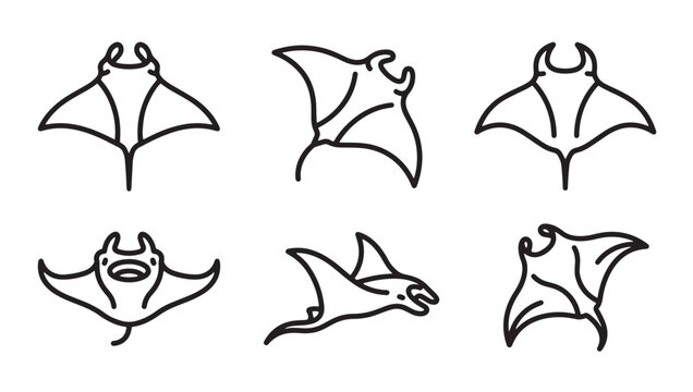 Simple line art icons of manta rays depicting diverse swimming patterns with stingray underwater wildlife collection swimming creature isolated graceful