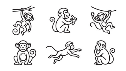 Fototapeta premium Collection of playful monkey character line art icons set with wildlife climbing character collection illustration monochrome minimalist stylized tropical creature activity behavior