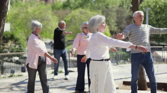 Senior men and women perform simple combinations of hand movements and bends. European pensioners are introducing Oriental physical culture and activity practices into their daily lives.