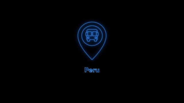 Neon peru travel map pin with airplane symbol for tourism and transportation concept
