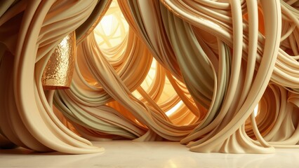 Fototapeta premium Abstract interior features flowing beige forms. Light source creates warm glow, highlighting curved walls, smooth surfaces. Minimalist design.