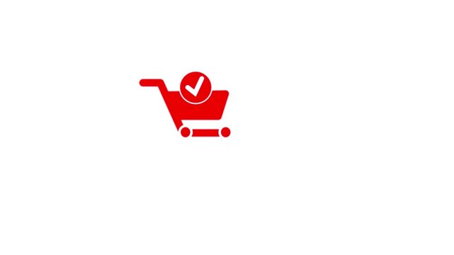 White Shopping cart with check mark icon isolated on blue background. Supermarket basket with approved, confirm, tick, completed. 4K Video motion graphic animation