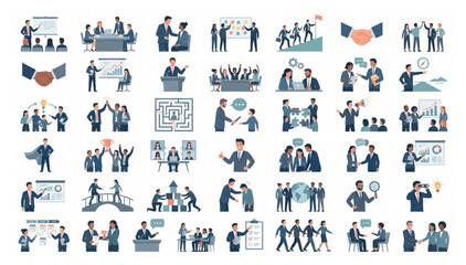 Fototapeta premium Professional business concept illustration set featuring teamwork collaboration and corporate growth icons in flat vector style business teamwork collaboration management corporate strategy