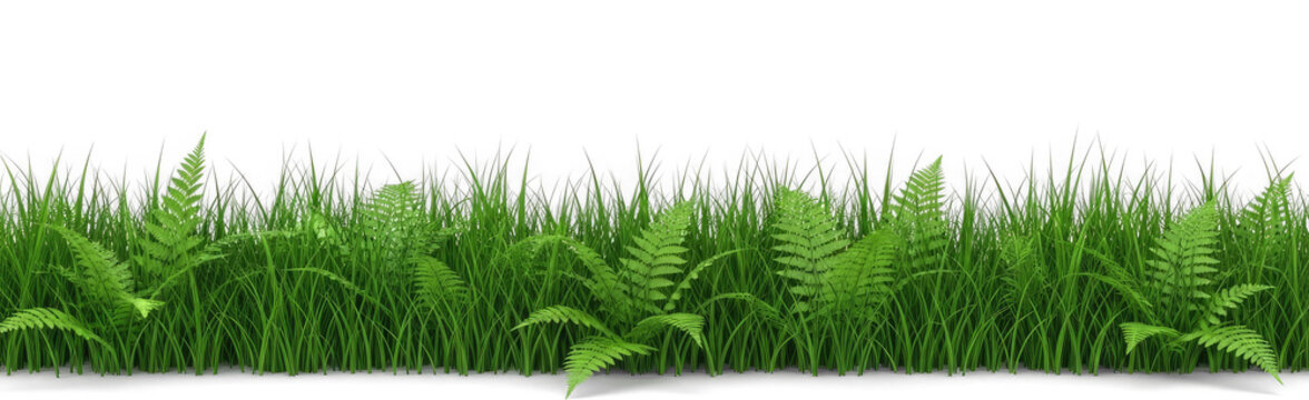 A lush green lawn with ferns borders a transparent background. The grass blades are vibrant and detailed, creating a natural and refreshing scene.