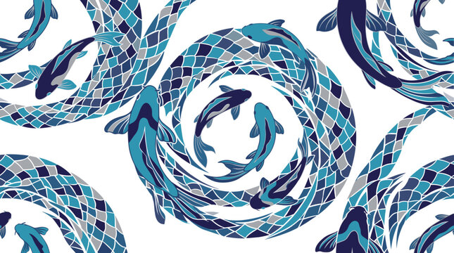 Koi fish swim in a circular pattern within this elegant blue and white traditional Japanese textile print.