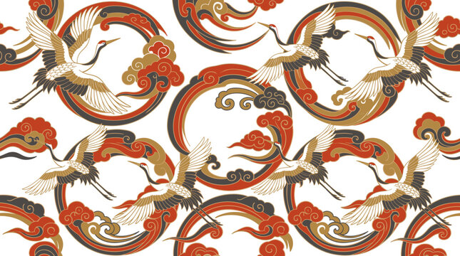 Cranes fly gracefully among traditional stylized clouds in this seamless pattern inspired by classic Japanese art motifs.