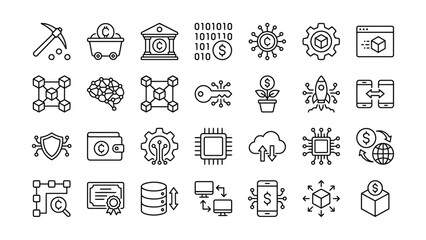 Fototapeta premium Modern digital technology and cryptocurrency line icons collection representing blockchain finance and data concepts on transparent background clean design vector