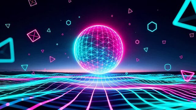 Neon geometric sphere and grid landscape