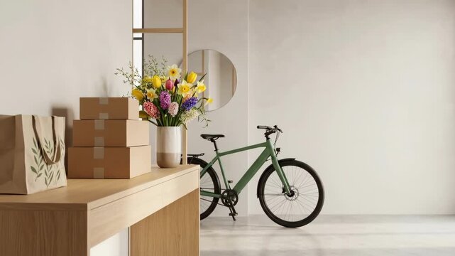 Colorful tulips in white vase on wooden console table with stacked cardboard boxes and paper bag. Green electric bicycle leaning against wall in minimalist entryway. Modern home interior and spring