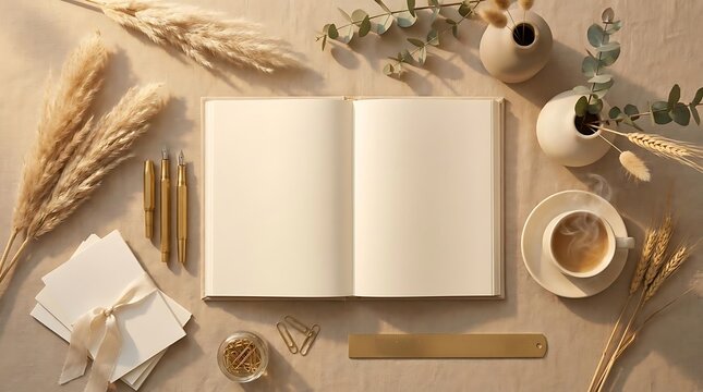 Open notebook and stationery flat lay with natural elements and warm lighting