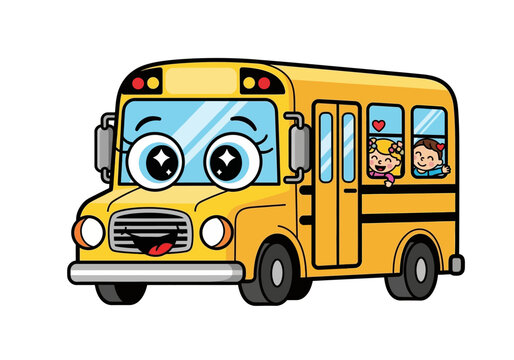 Yellow Cartoon School Bus with Children.