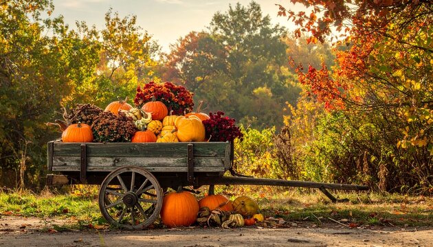Autumn harvest wagon filled with pumpkins and colorful leaves on a rural road