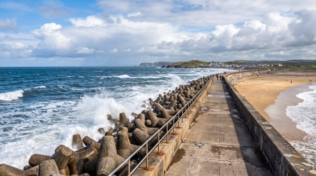 Concrete breakwater with tetrapods protecting a sandy beach and ocean waves under a cloudy sky.