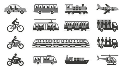Obraz premium Minimalist Black and White Icons Set of Various Transportation Vehicles and Modes with high quality professional line art symbols for modern creative design and digital branding projects