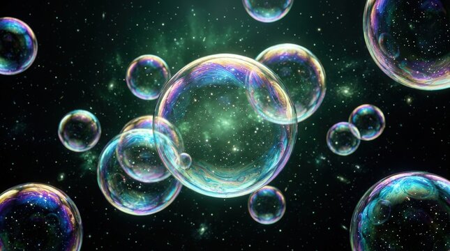 Iridescent bubbles floating in a dark, starry cosmic background, suggesting a multiverse or multiple universes concept.