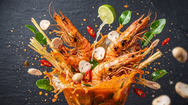 Dynamic Splash of Tom Yum Goong Soup with Fresh Shrimp and Herbs.