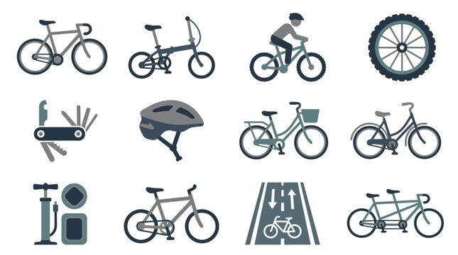 Dynamic Collection of Monochromatic Bicycle Icons and Accessories for Sports Travel and Urban Planning