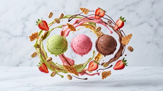 Three scoops of ice cream with strawberries and chocolate sauce.