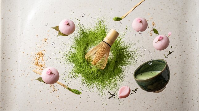 Matcha Tea Ceremony Ingredients and Pink Mochi Delights Floating in a Creative Composition.