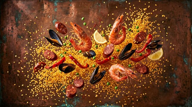 Vibrant Spanish Paella Ingredients Exploding in Mid-Air.