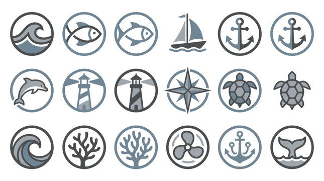 Dynamic Collection of Monochromatic Nautical and Marine Themed Icons in Circular Frames with high quality professional line art symbols for modern creative design and digital branding projects